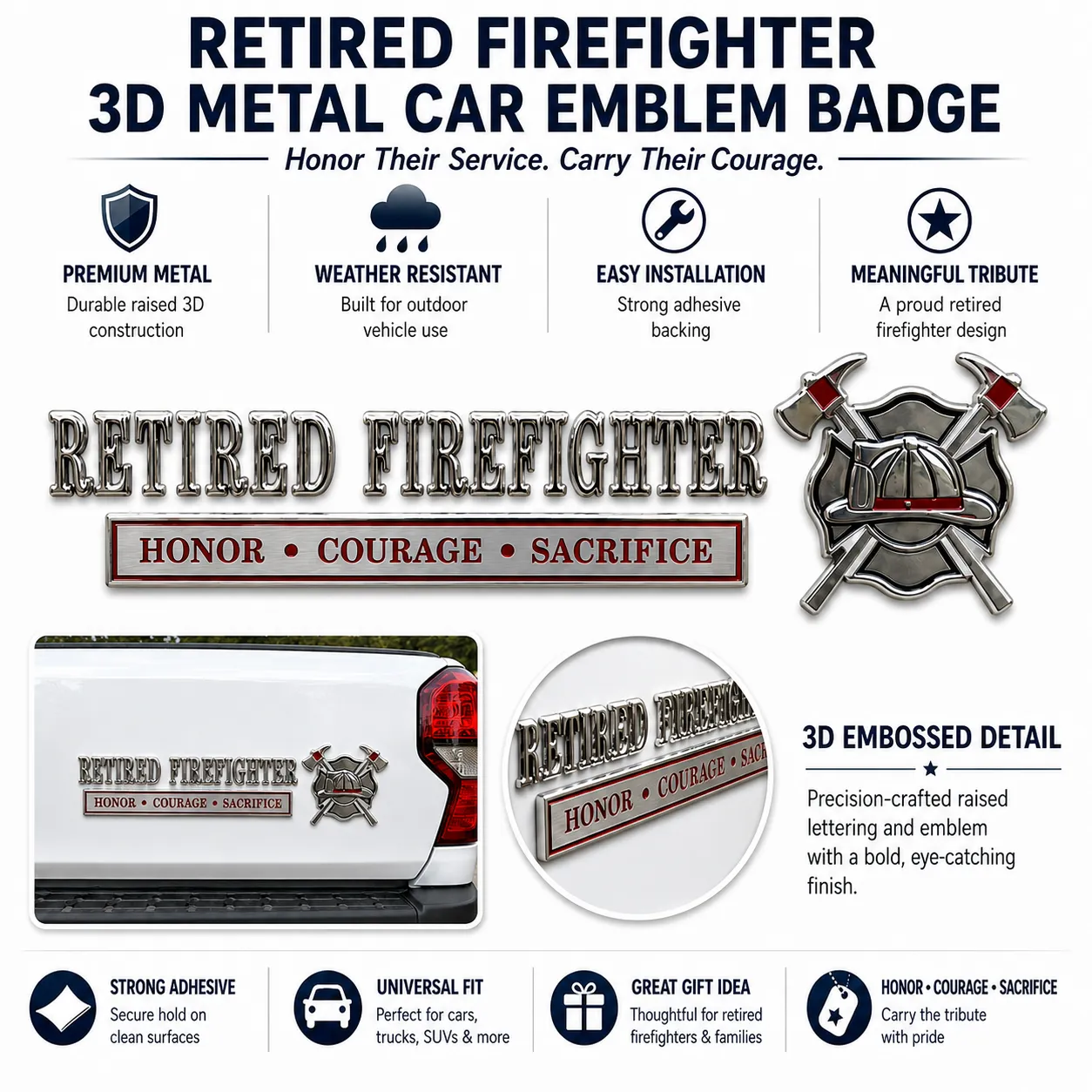 🚒 Retired Firefighter Honor Courage Sacrifice Car Emblem Metal Badge