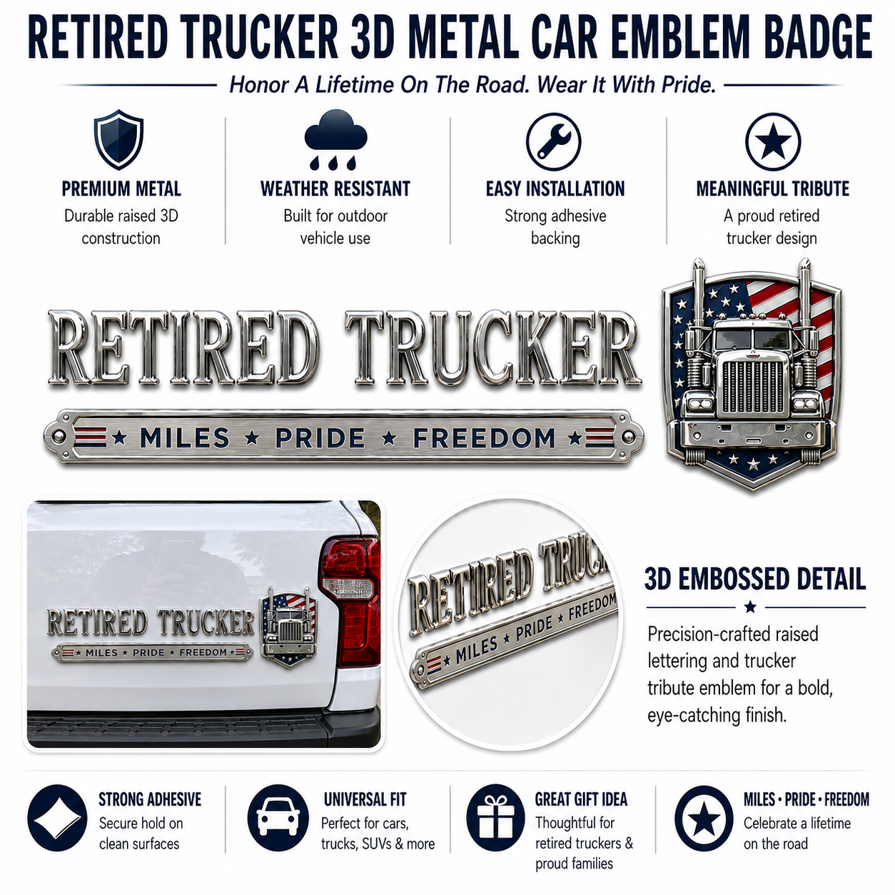 🚛 Retired Trucker Miles Pride Freedom Metal Car Emblem Badge