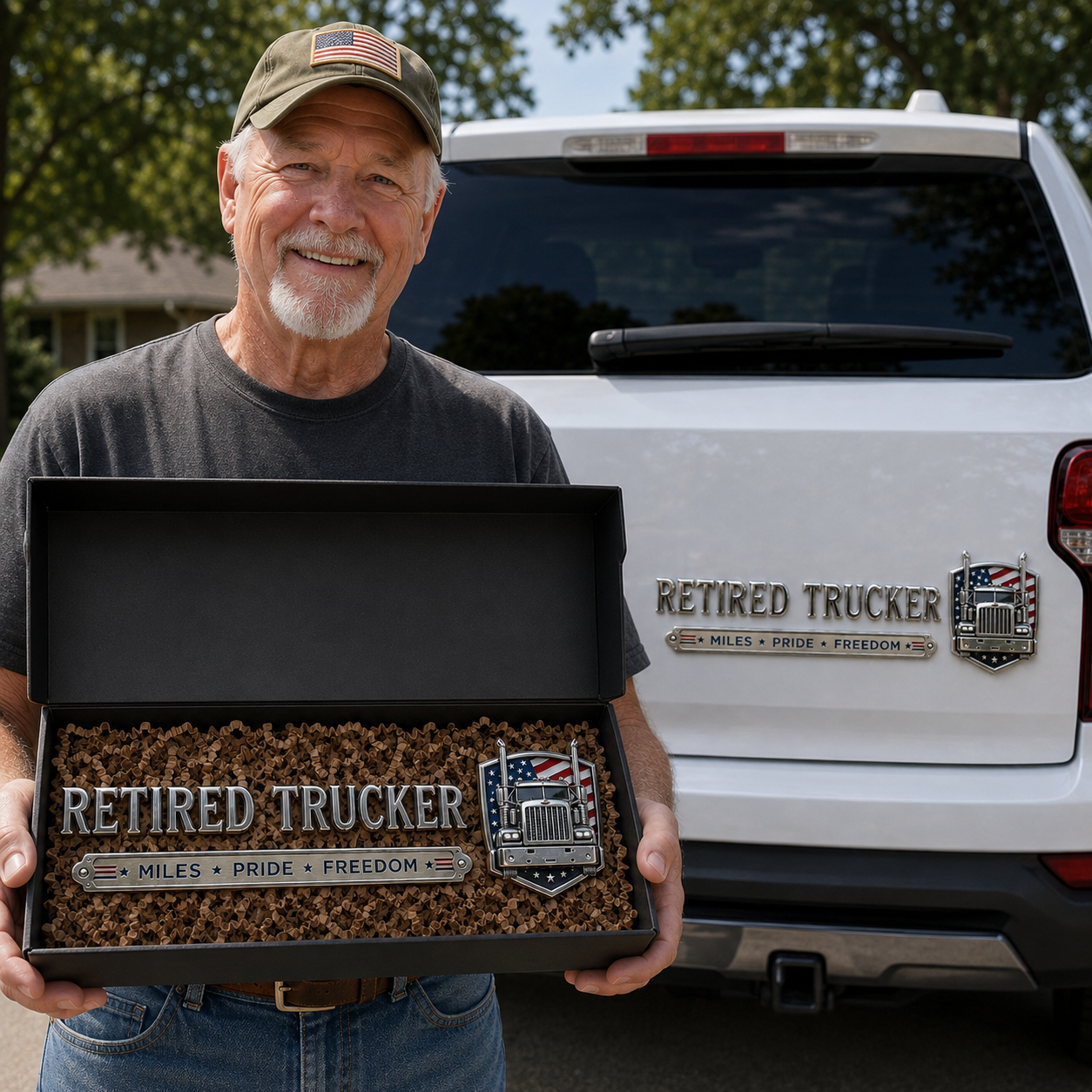 🚛 Retired Trucker Miles Pride Freedom Metal Car Emblem Badge