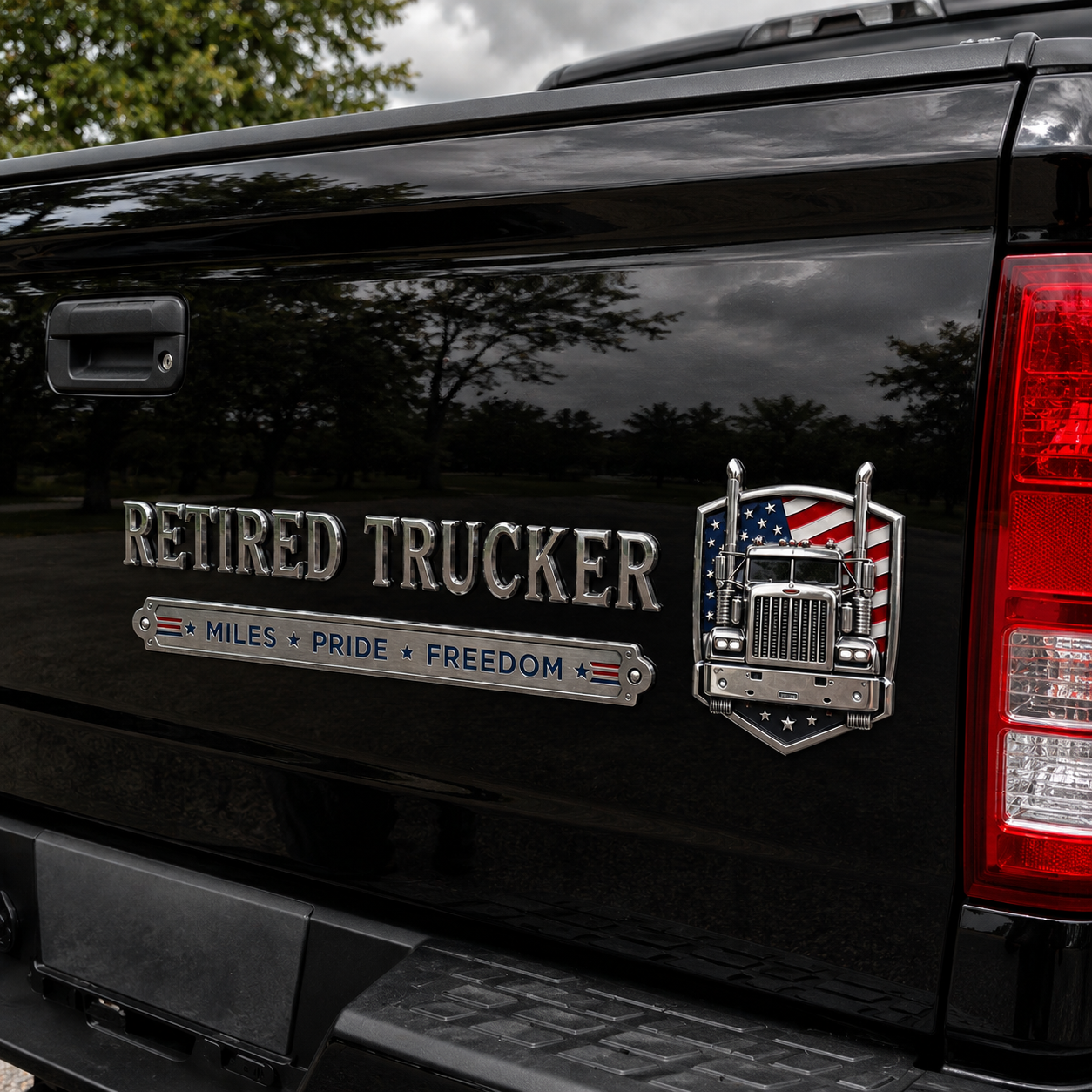 🚛 Retired Trucker Miles Pride Freedom Metal Car Emblem Badge