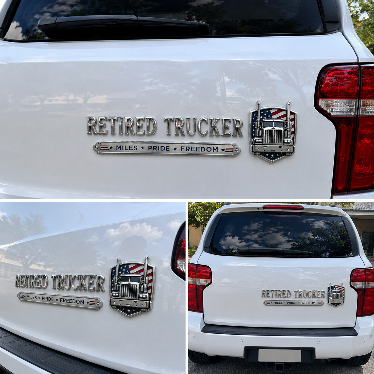 🚛 Retired Trucker Miles Pride Freedom Metal Car Emblem Badge