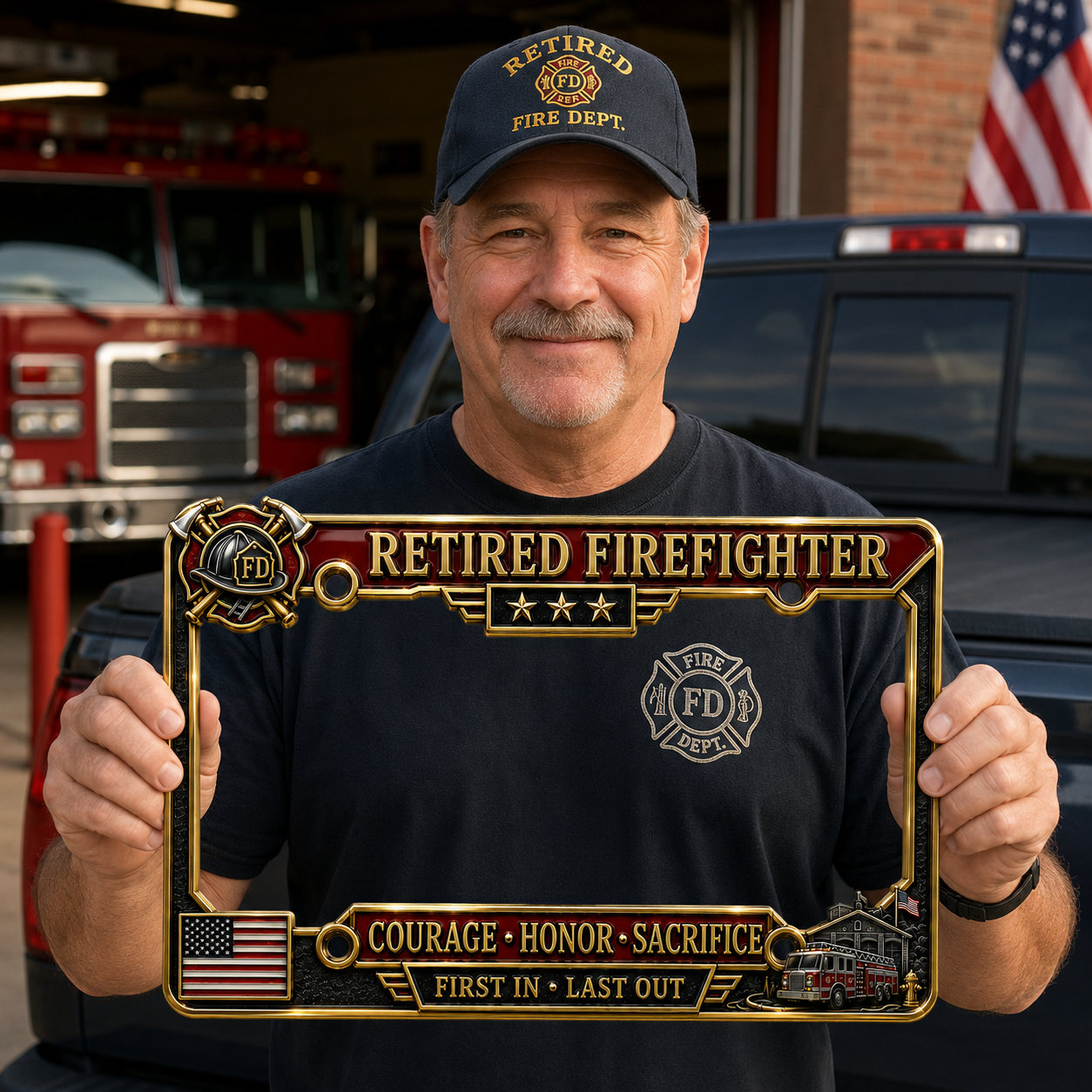 Retired Firefighter Courage Honor Sacrifice Metal License Plate Frame