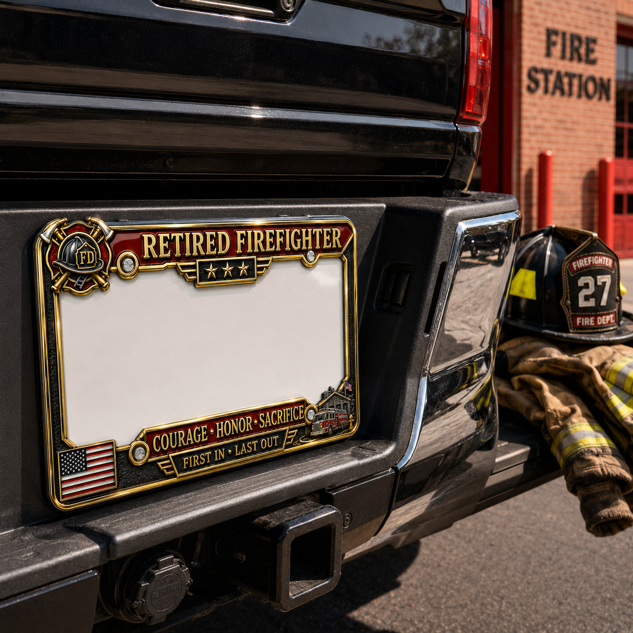Retired Firefighter Courage Honor Sacrifice Metal License Plate Frame