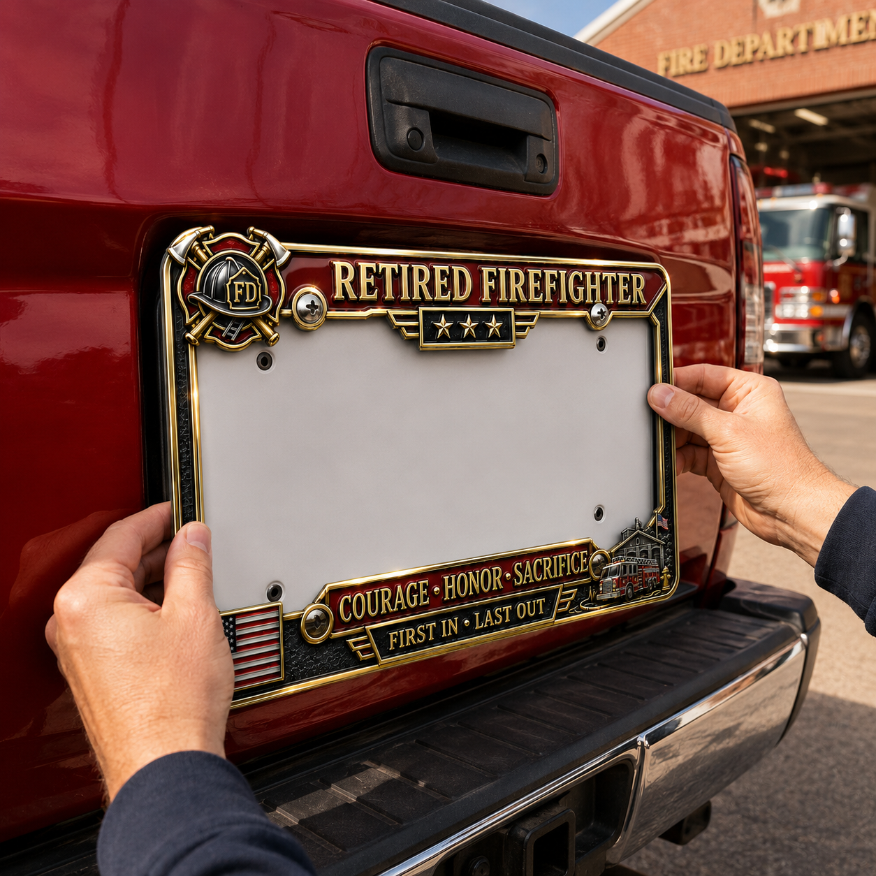 Retired Firefighter Courage Honor Sacrifice Metal License Plate Frame
