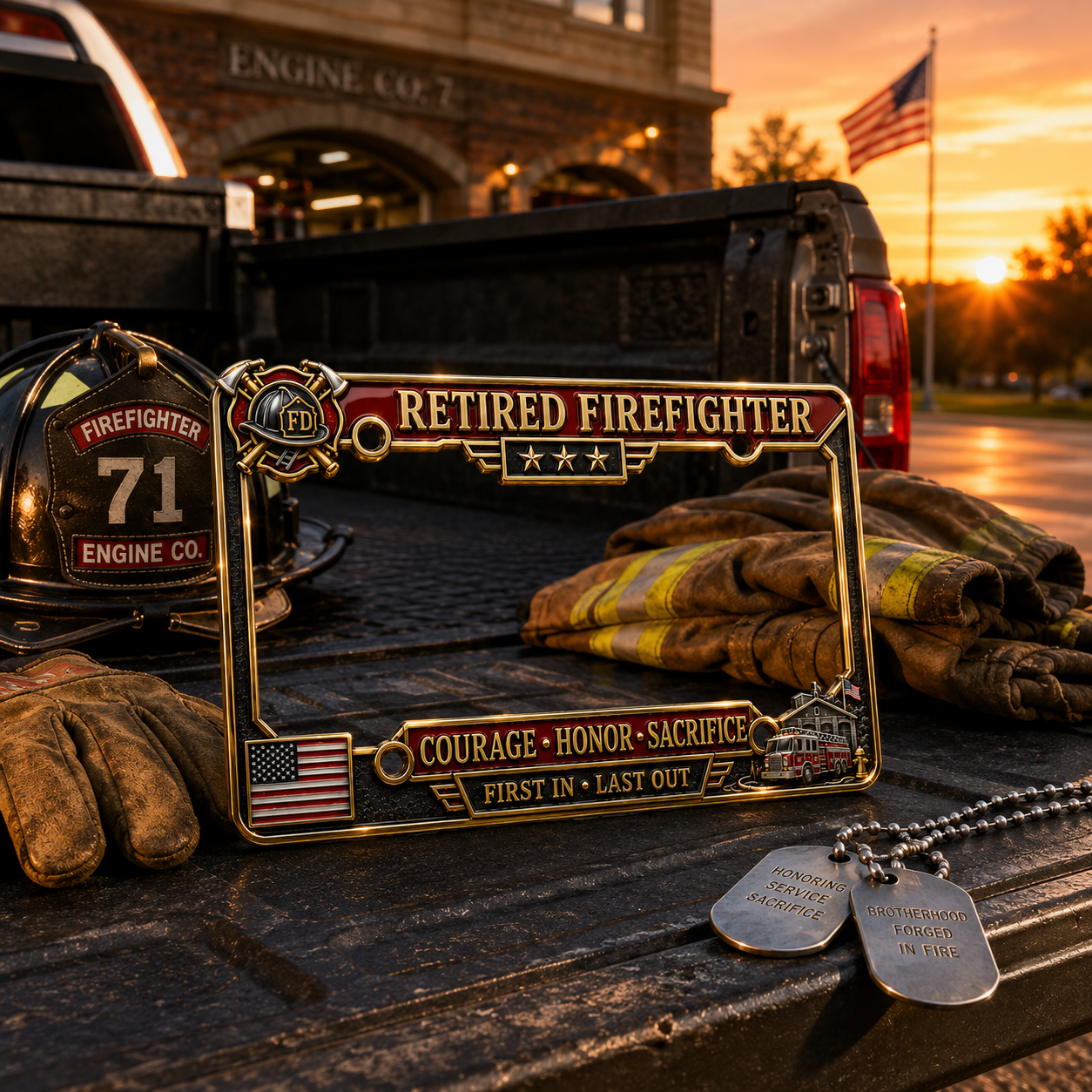 Retired Firefighter Courage Honor Sacrifice Metal License Plate Frame