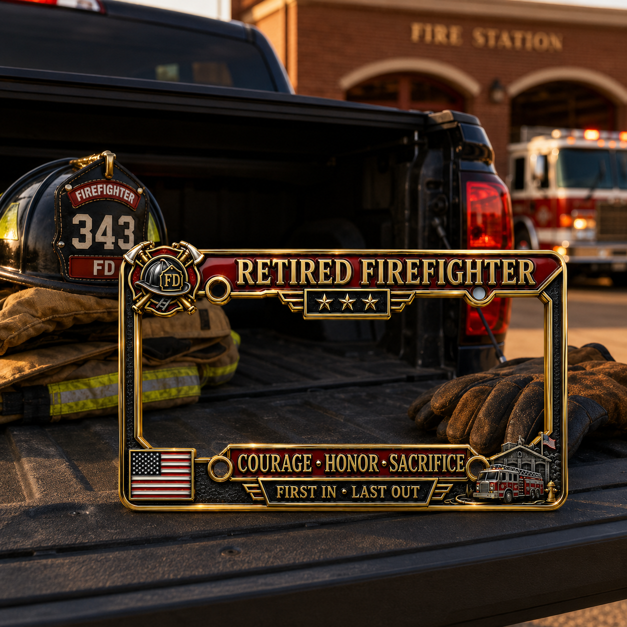Retired Firefighter Courage Honor Sacrifice Metal License Plate Frame