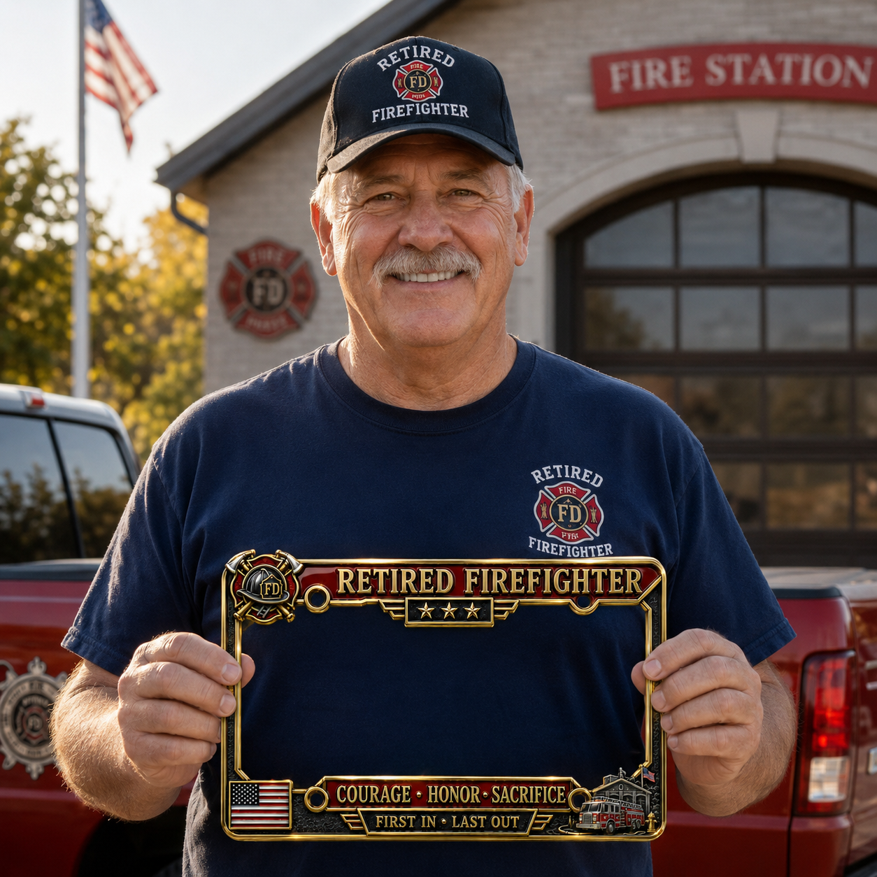 Retired Firefighter Courage Honor Sacrifice Metal License Plate Frame