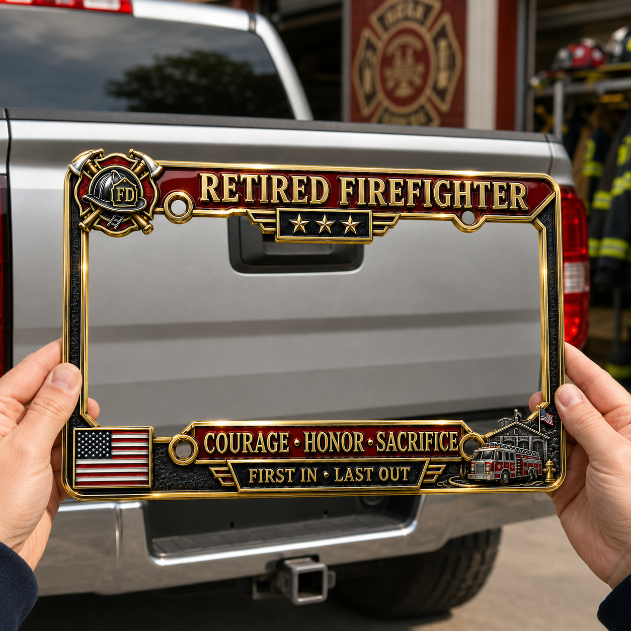 Retired Firefighter Courage Honor Sacrifice Metal License Plate Frame