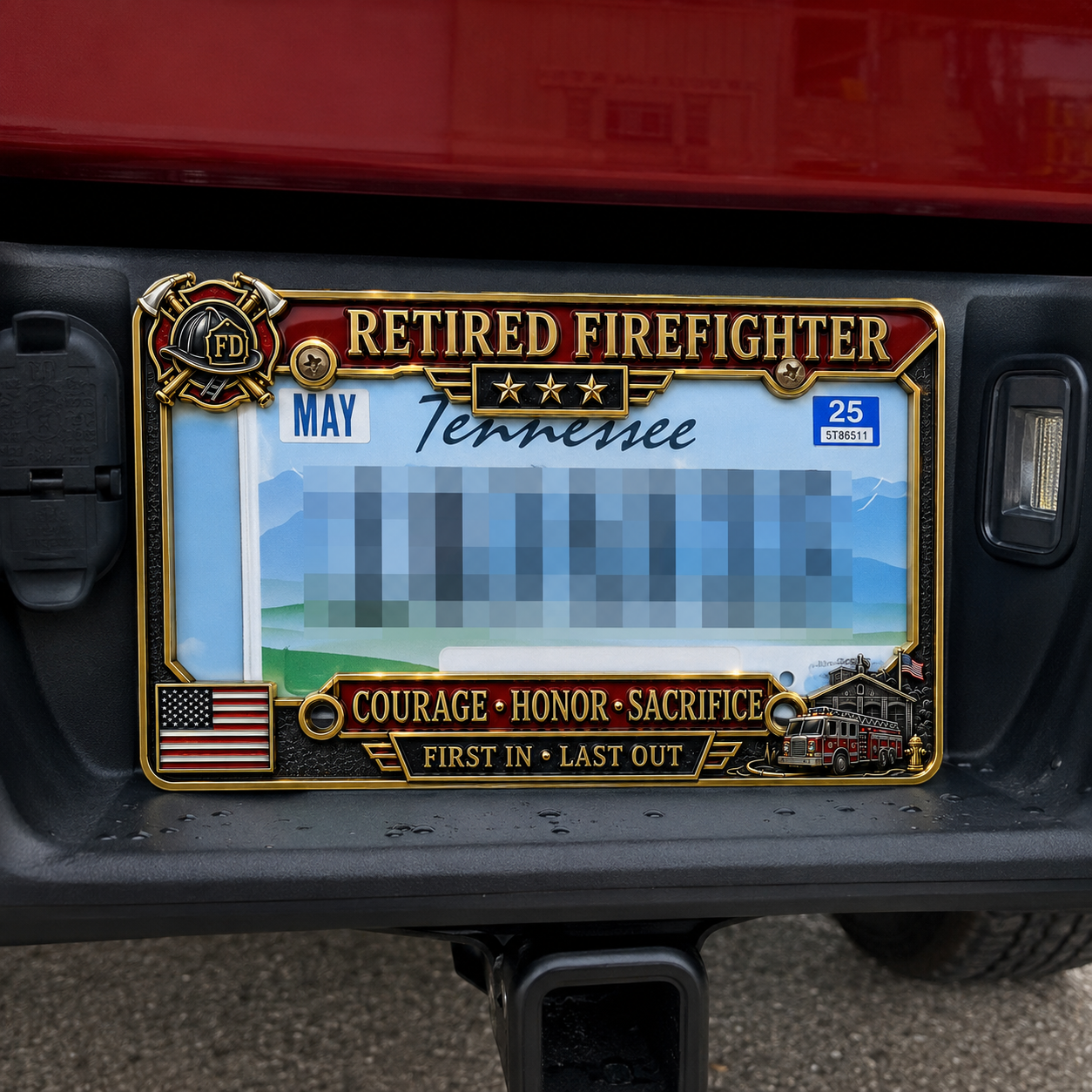 Retired Firefighter Courage Honor Sacrifice Metal License Plate Frame