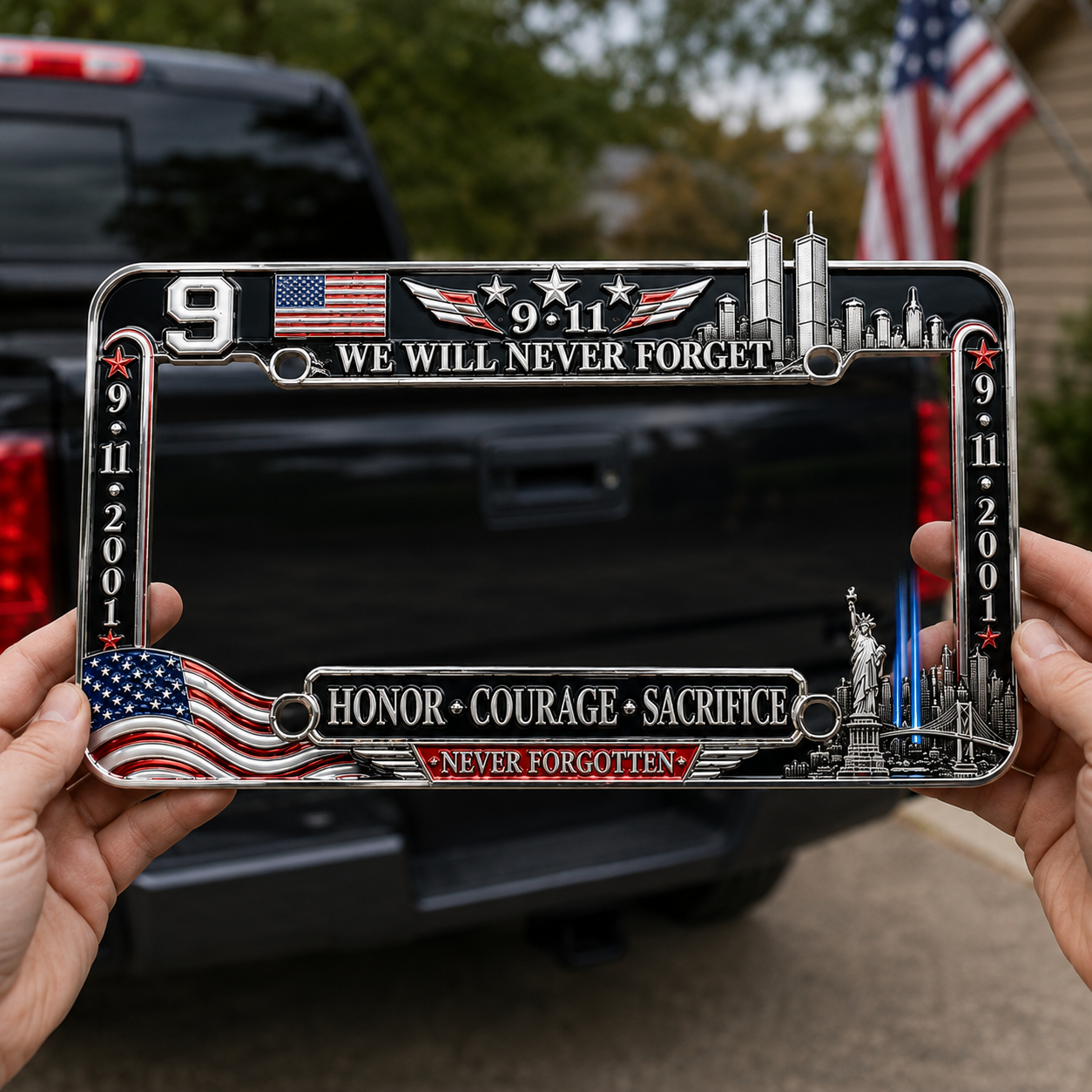 9·11 “We Will Never Forget” 25th Anniversary Metal License Plate Frame