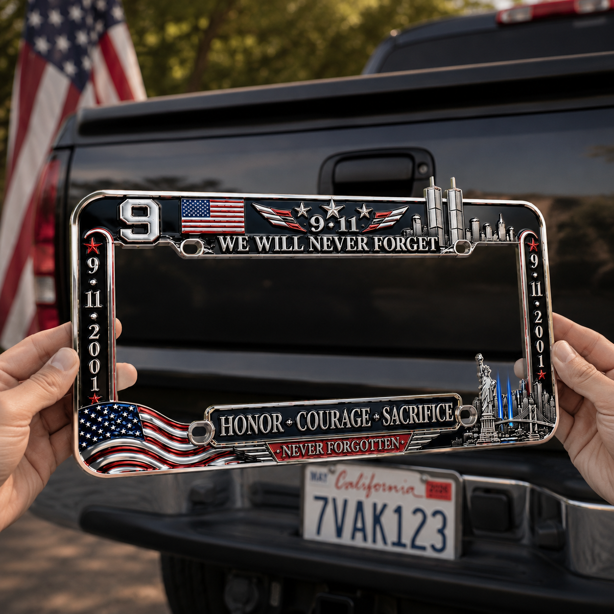 9·11 “We Will Never Forget” 25th Anniversary Metal License Plate Frame