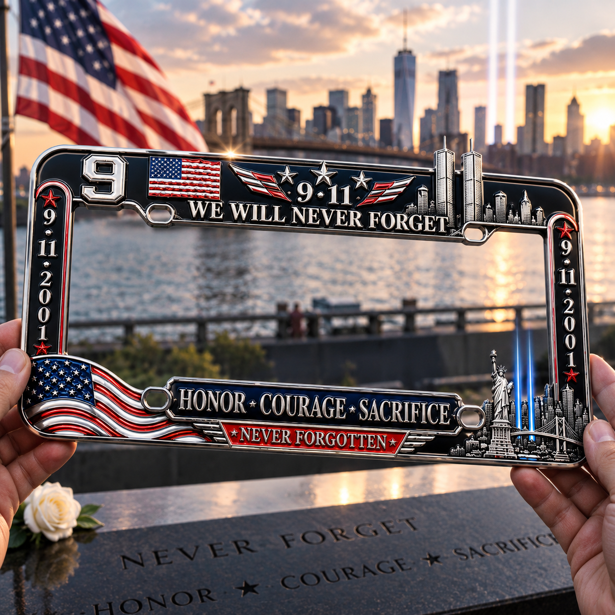 9·11 “We Will Never Forget” 25th Anniversary Metal License Plate Frame
