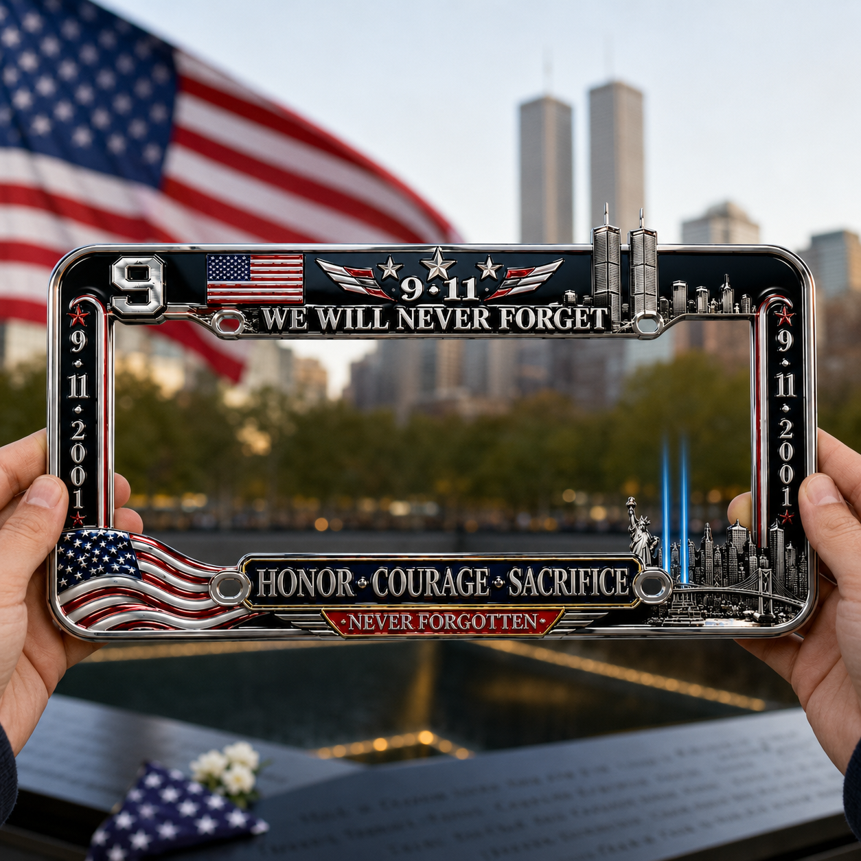9·11 “We Will Never Forget” 25th Anniversary Metal License Plate Frame