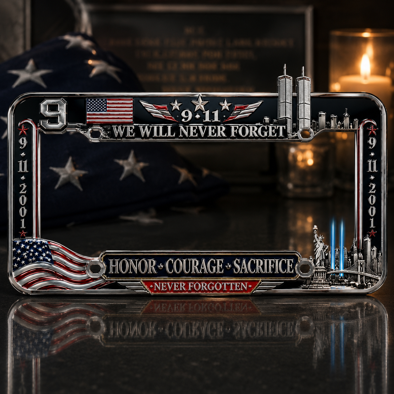 9·11 “We Will Never Forget” 25th Anniversary Metal License Plate Frame