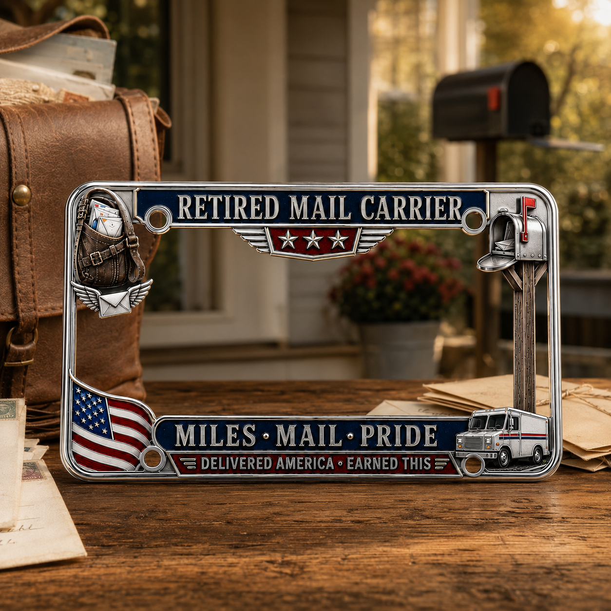 🚚 Retired Mail Carrier Miles • Mail • Pride Metal License Plate Frame 🇺🇸📬