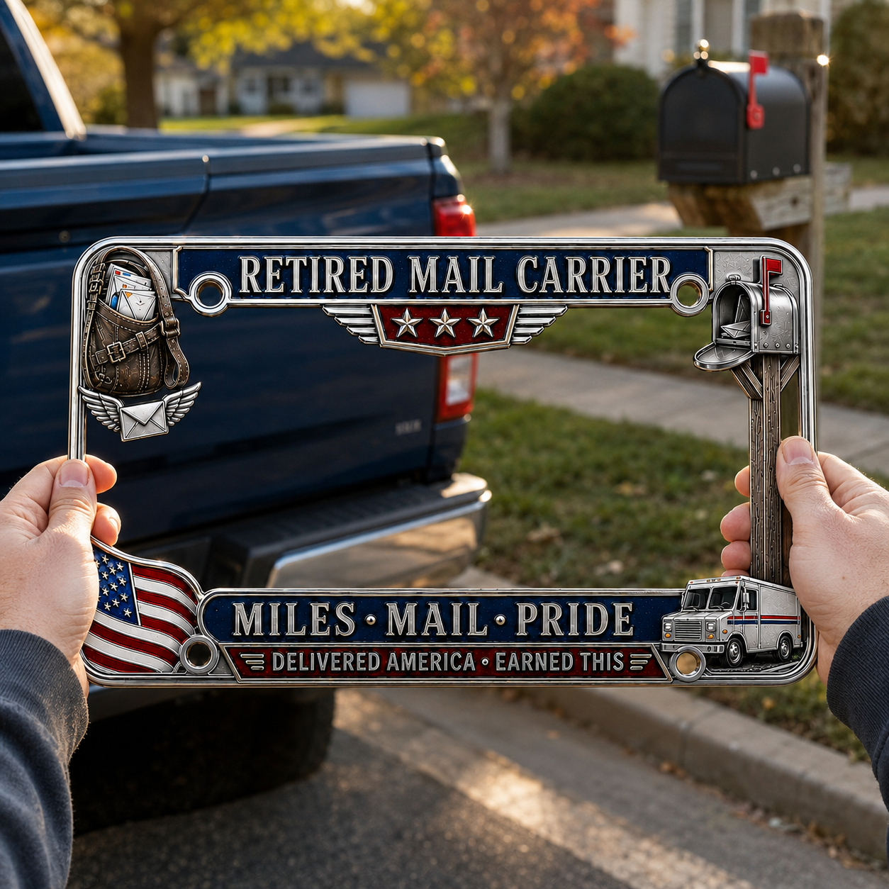 🚚 Retired Mail Carrier Miles • Mail • Pride Metal License Plate Frame 🇺🇸📬