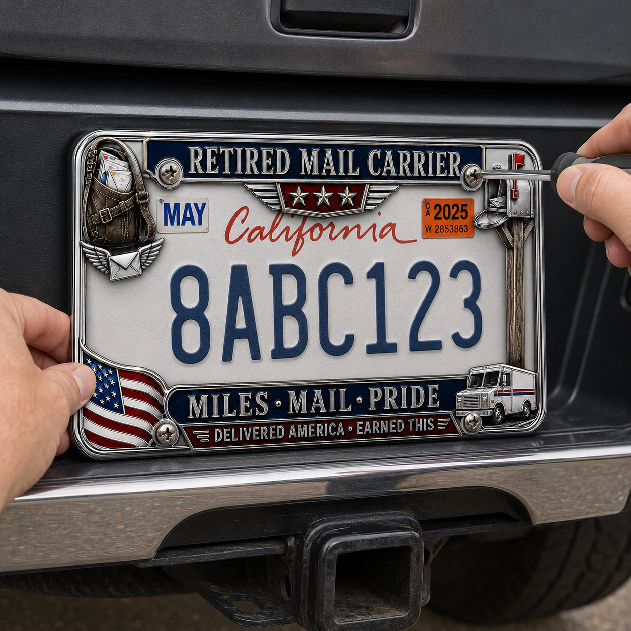 🚚 Retired Mail Carrier Miles • Mail • Pride Metal License Plate Frame 🇺🇸📬