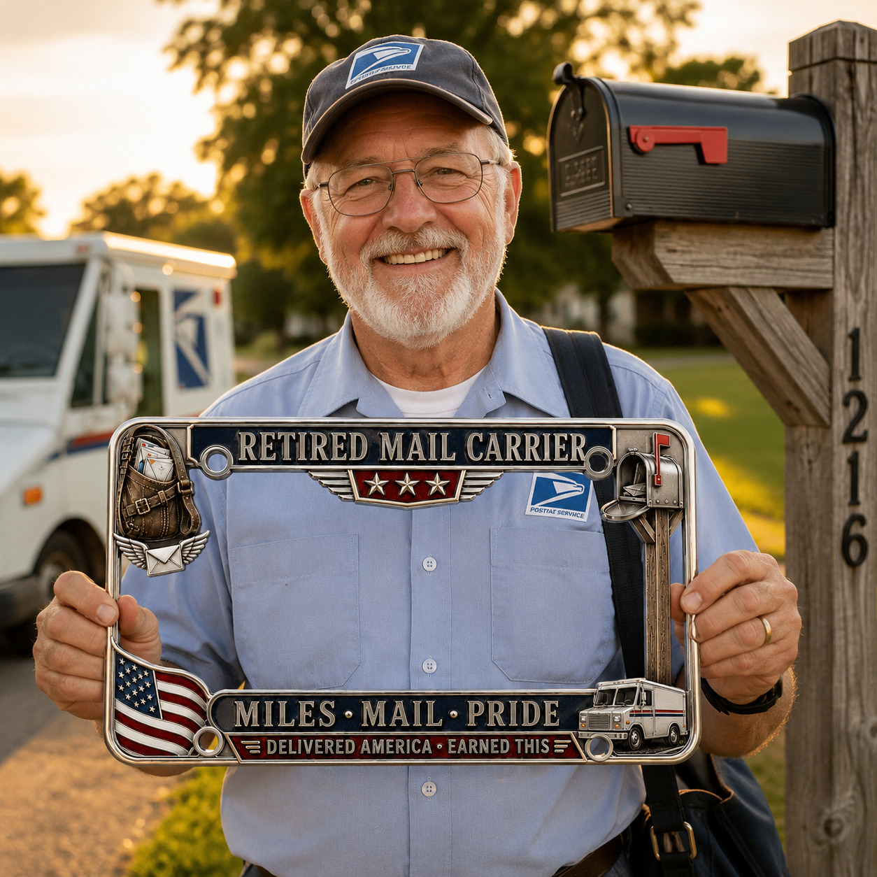 🚚 Retired Mail Carrier Miles • Mail • Pride Metal License Plate Frame 🇺🇸📬