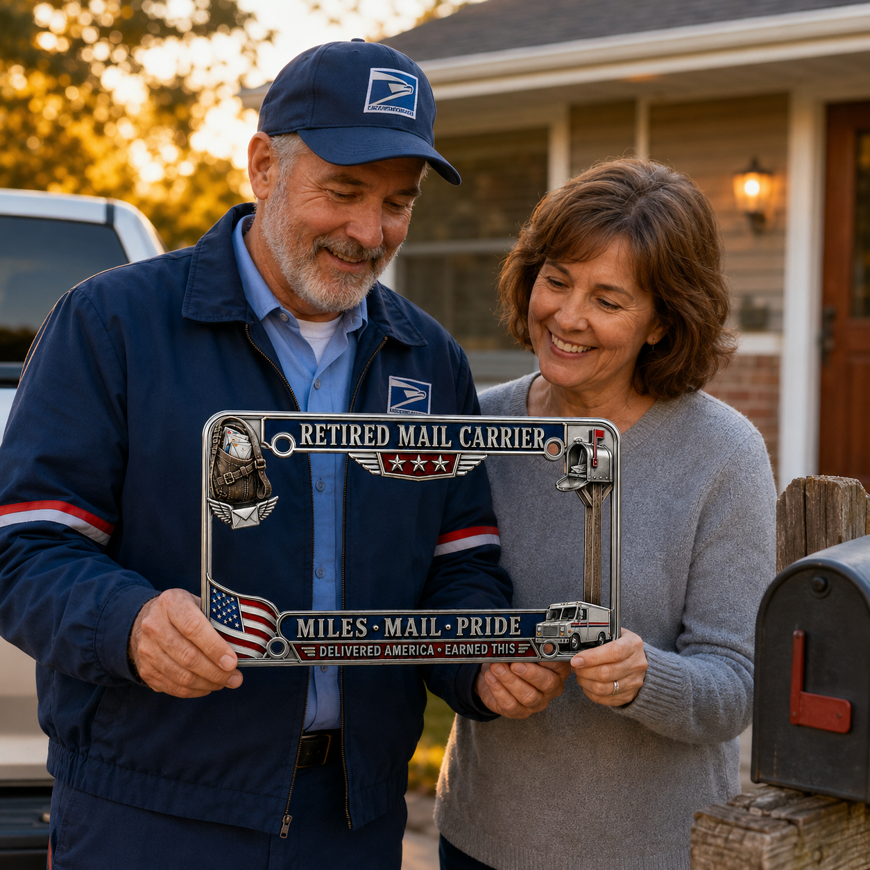🚚 Retired Mail Carrier Miles • Mail • Pride Metal License Plate Frame 🇺🇸📬