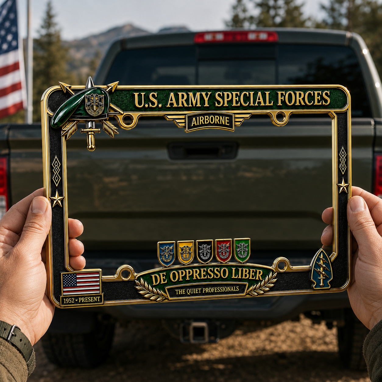 🇺🇸 U.S. Army Special Forces “De Oppresso Liber” Metal License Plate Frame