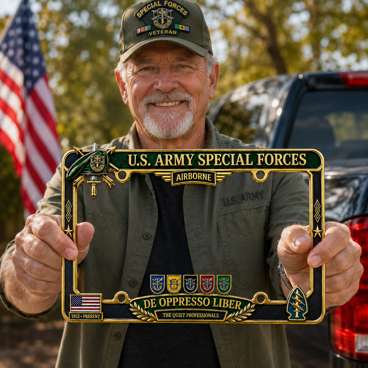 🇺🇸 U.S. Army Special Forces “De Oppresso Liber” Metal License Plate Frame