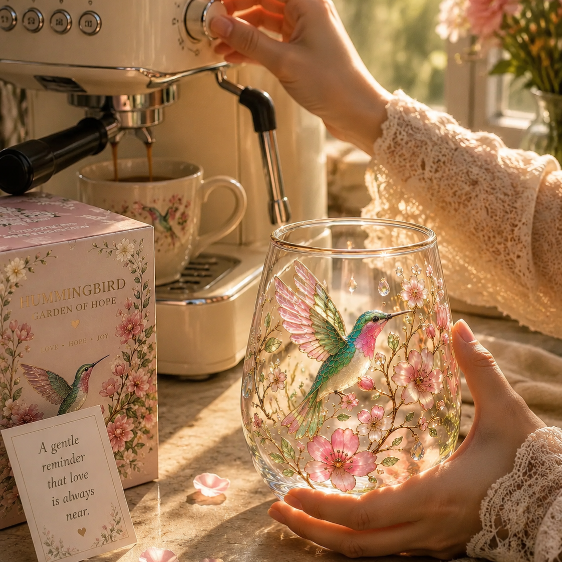 🌸 Hummingbird Garden of Hope Glass Cup
