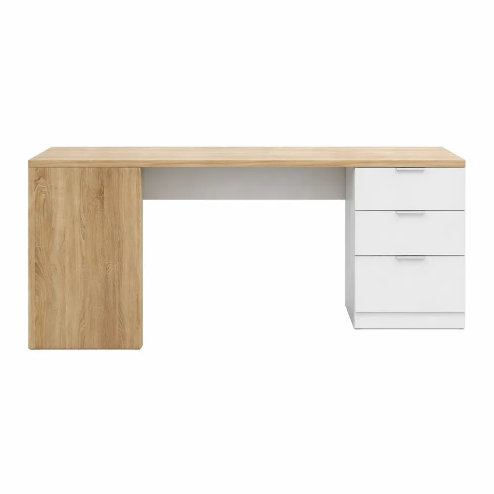 Scrivania ad angolo multifunzione con cassettiera, tavolo da studio effetto rovere e bianco