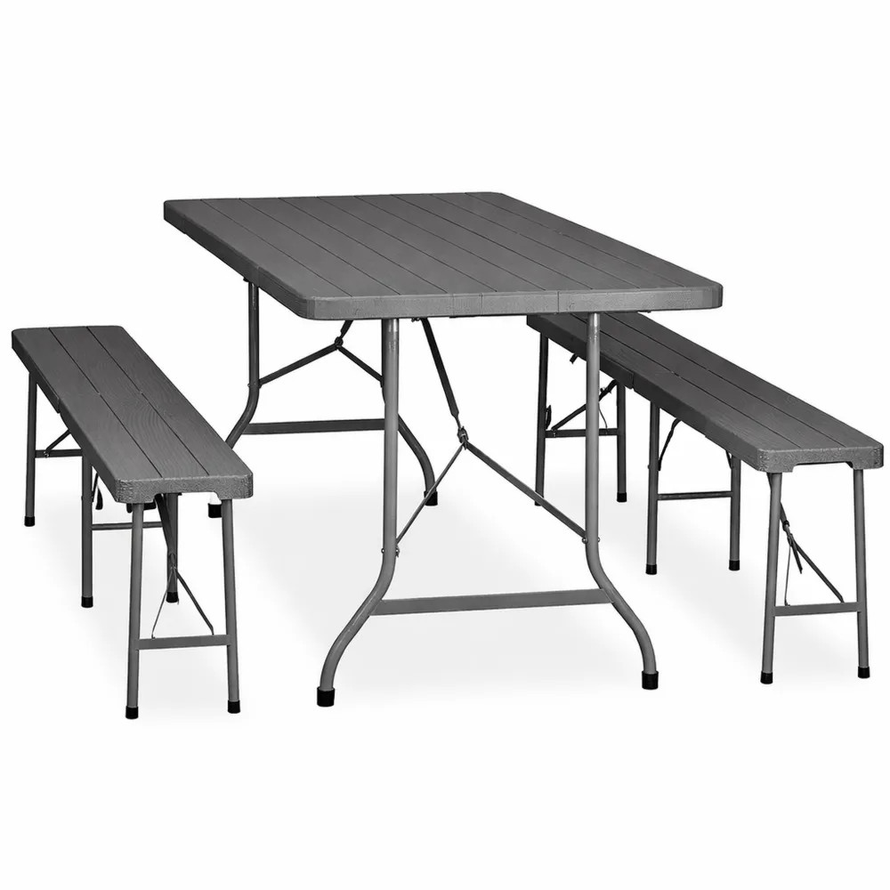 Set Tavolo e Panche da Giardino Pieghevoli 180 cm, Aspetto Legno, Grigio