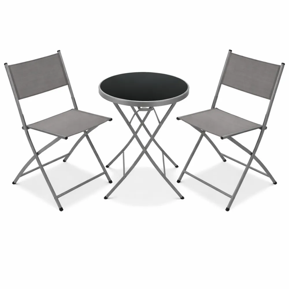 Set da Balcone, Tavolino con Piano in Vetro e 2 Sedie, Mobili da Giardino Pieghevoli e Portatili, Design Moderno - Grigio