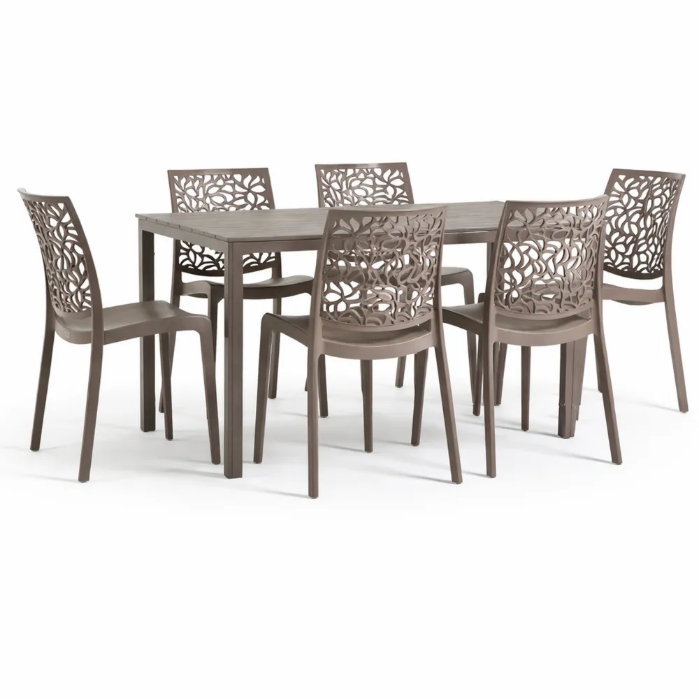 Set da pranzo esterno per 6 persone con tavolo in acciaio e sedie in polipropilene