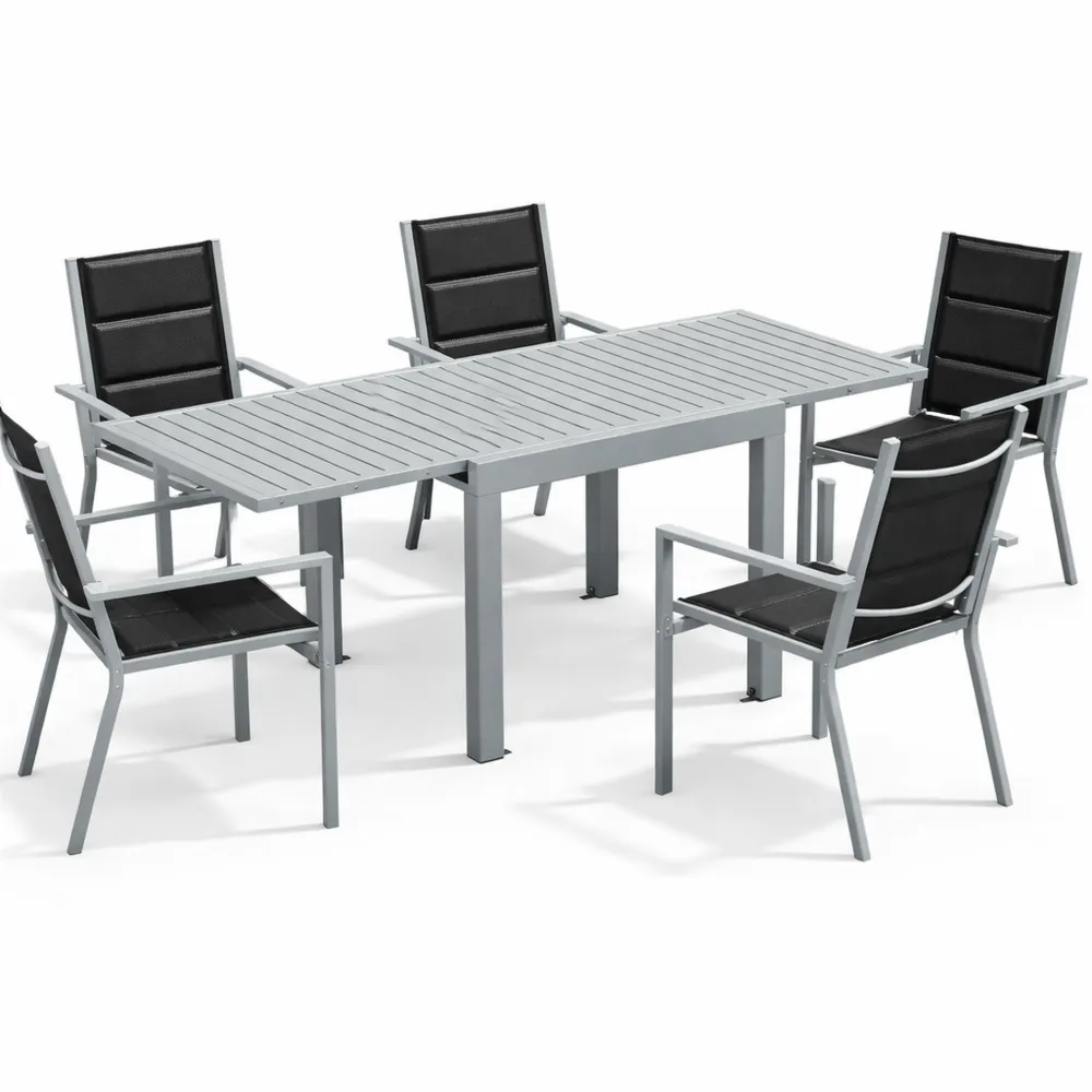 Set mobili da giardino per 4 persone con tavolo e sedie in alluminio, sedie impilabili e tavolo estensibile