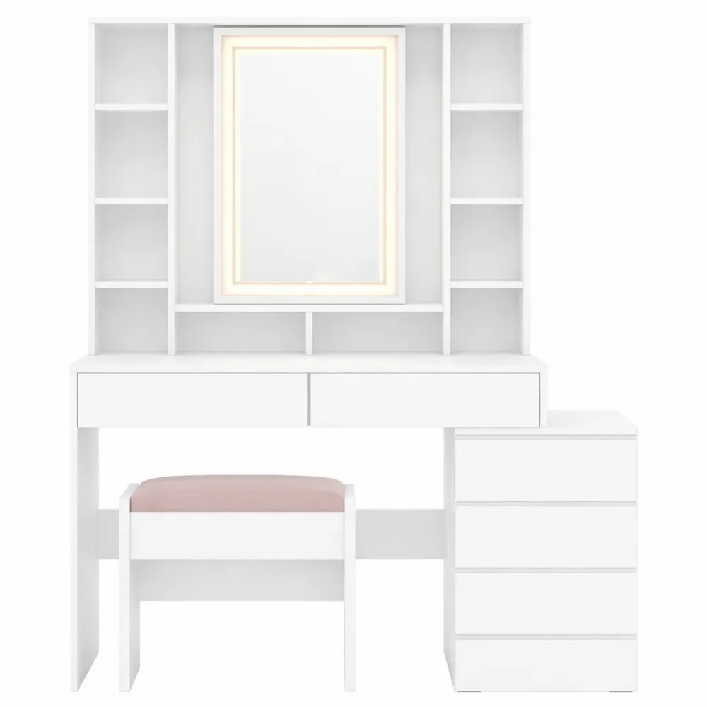 Tavolo da Trucco Moderno con Specchio e Luci LED, Cassetti e Sgabello, Bianco