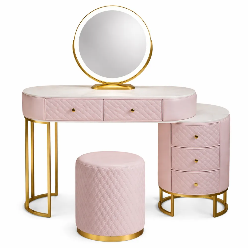 Tavolo da Trucco Moderno con Luci LED Regolabili e Sgabello, 5 Cassetti e Armadietto Mobile