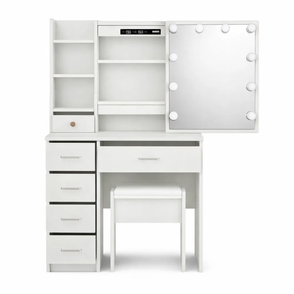 Tavolo da Trucco con Specchio Illuminato e Sgabello, Cassetti e Ripiani per Cosmetici, Design Moderno, Bianco