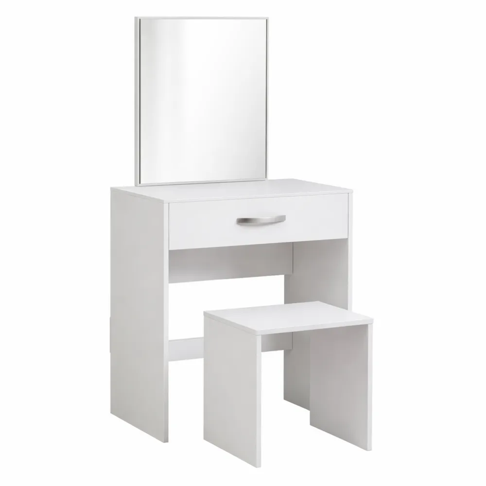 Tavolo da Toeletta con Specchio e Sgabello Inclusi, Set per Camera da Letto, Bianco, 130 x 63.5 x 39 cm