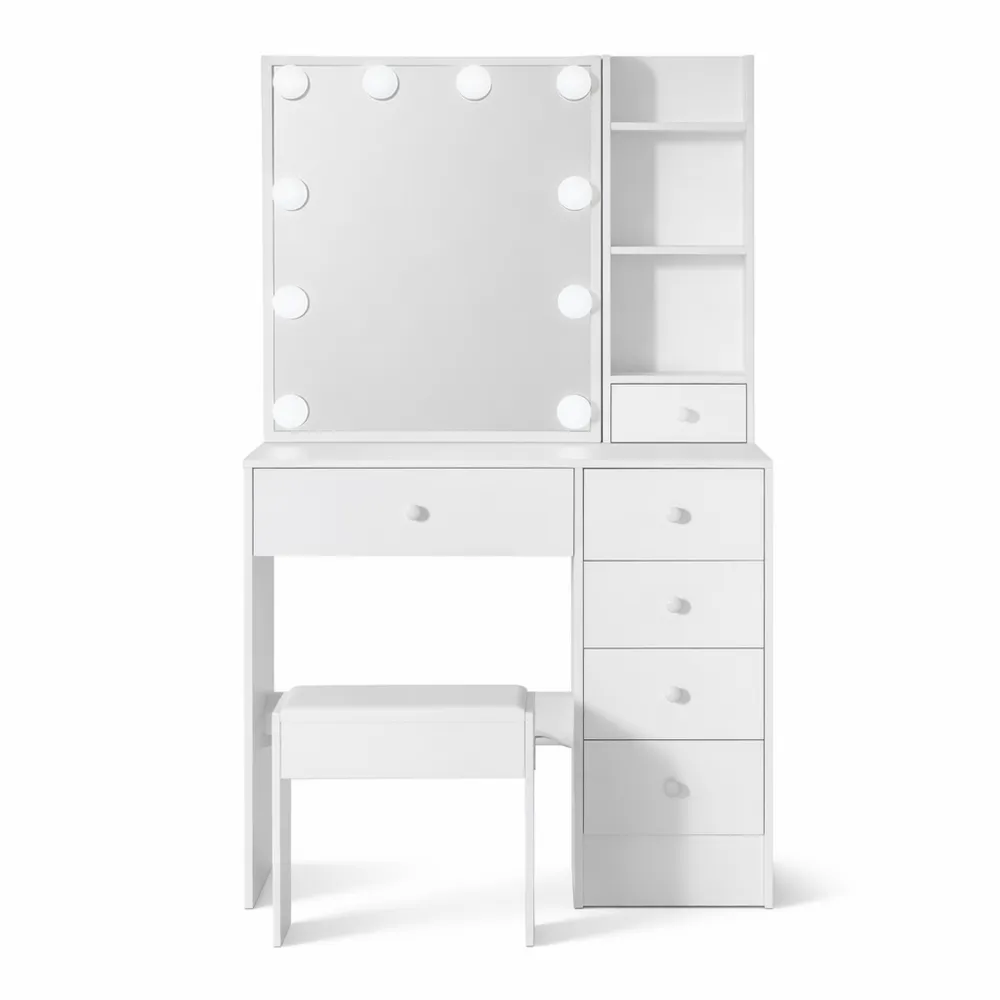 Tavolo cosmetico con specchio e sgabello, illuminazione regolabile, 6 cassetti e 6 scomparti, 80 x 36 x 130 cm