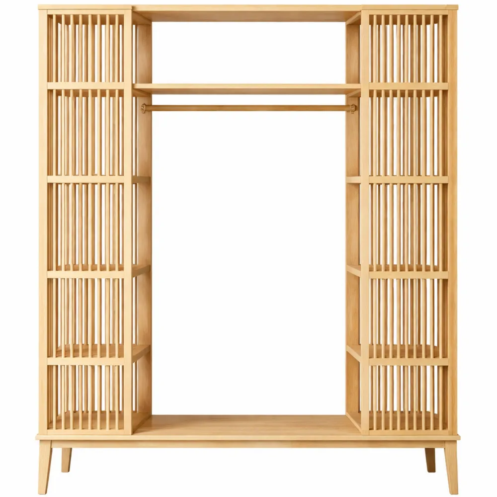 Armadio in Bambù con Ante Scorrevoli e Barra Appendiabiti Stile Japandi
