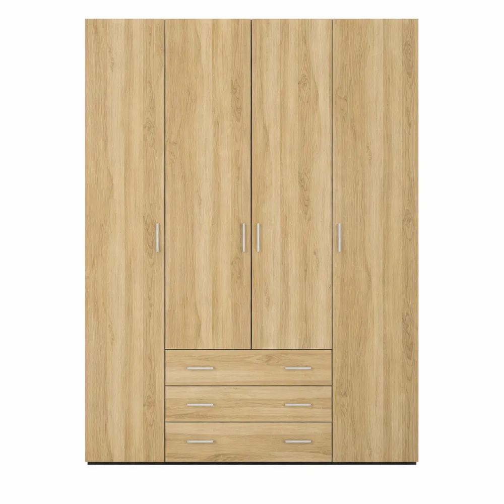 Armadio a Quattro Ante con Tre Cassetti, Colore Quercia, 154x49x200 cm