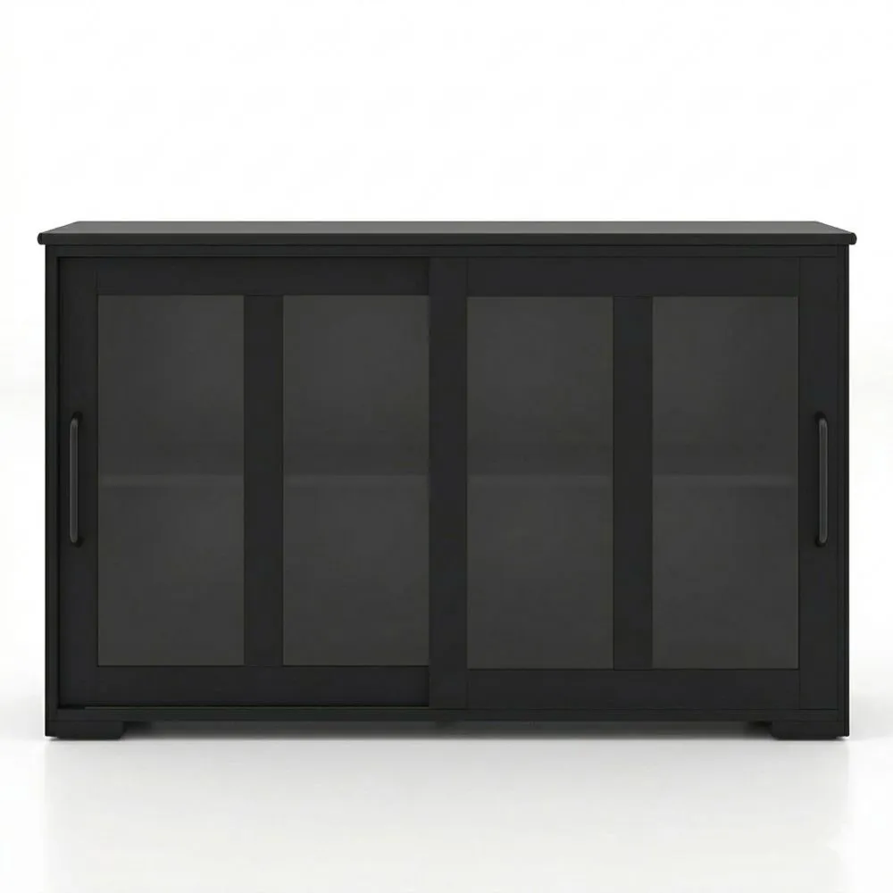 Moderner Küchenschrank mit Glasschiebetüren und verstellbaren Ablagen, ideal für Esszimmer