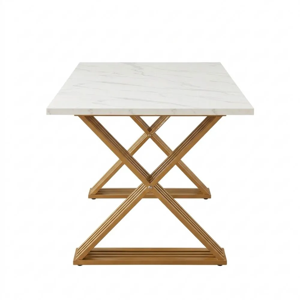 Rechteckiger Esstisch für 6 Personen, 180 x 80 x 75 cm, Marmoroptik in Weiß und Gold
