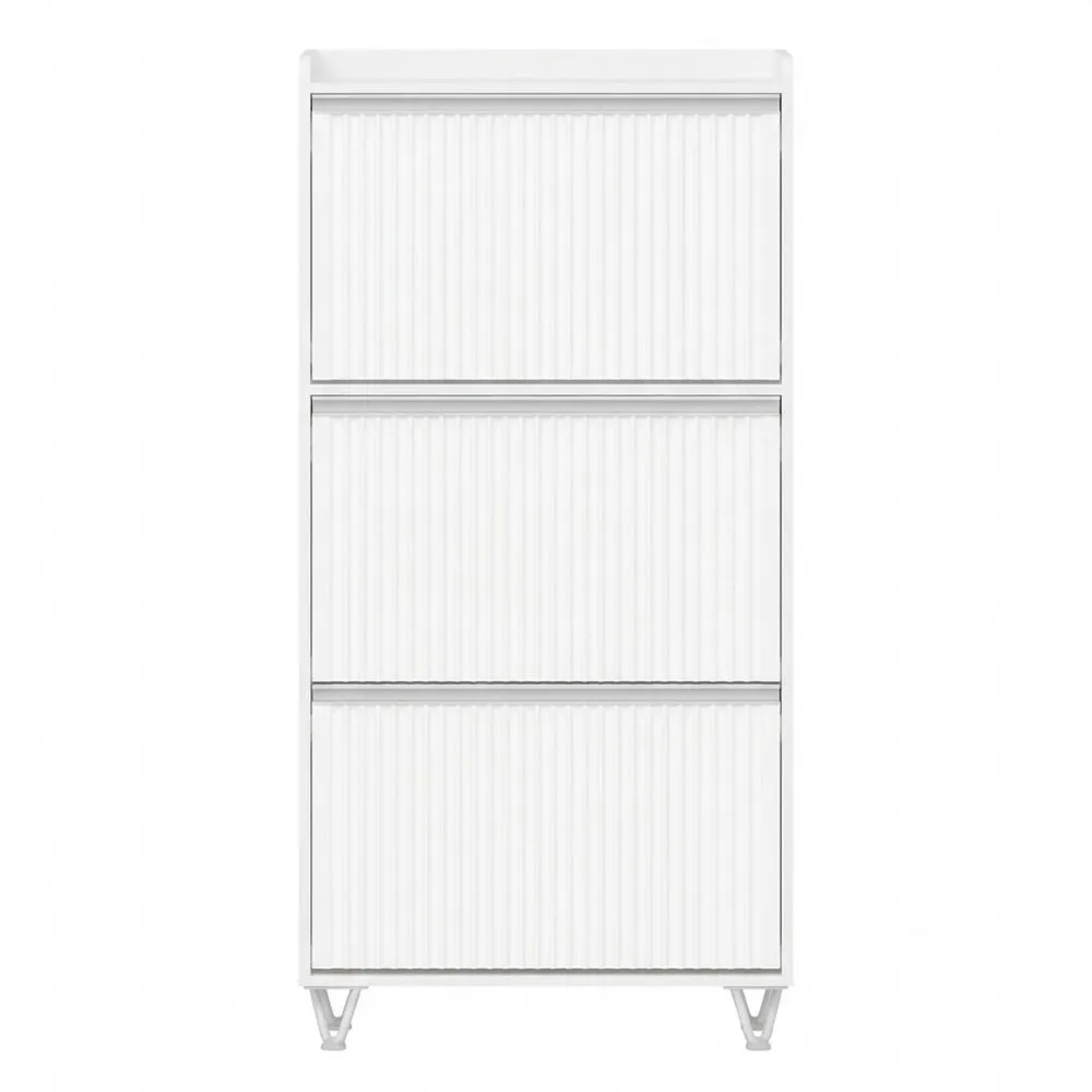 Schmaler Schuhschrank mit Wellenformtüren, Platz für 16-18 Paar, verstellbar, Weiß und Silber