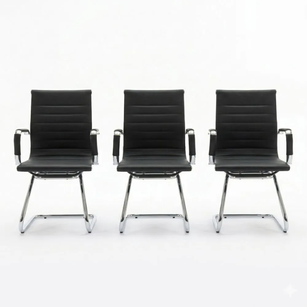 Moderne Freischwinger Besucherstühle mit Armlehnen, Kunstleder, Chromgestell, Schwarz, 6er Set