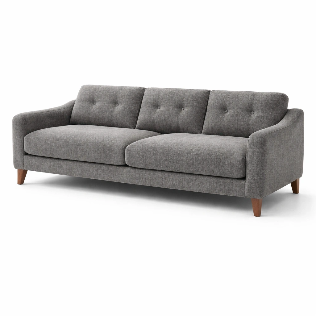 Sofá en tela de poliester gris con patas de madera de tres plazas-HOMNIVO