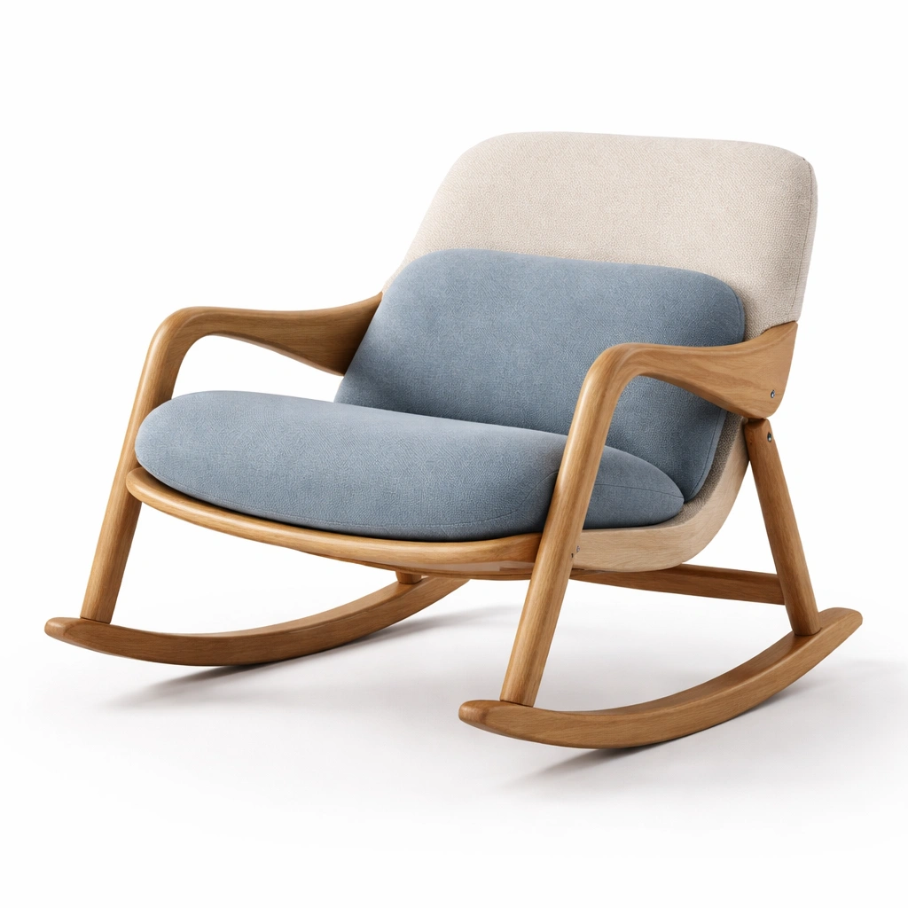 Silla mecedora de madera con tapizado de lino azul y beige-HOMNIVO