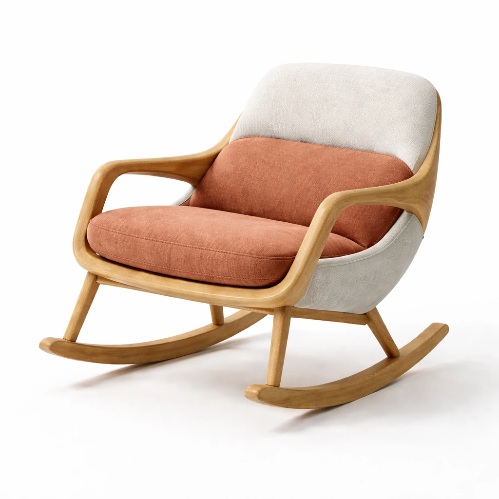 Silla mecedora de roble con tela beige y terciopelo anaranjado-HOMNIVO