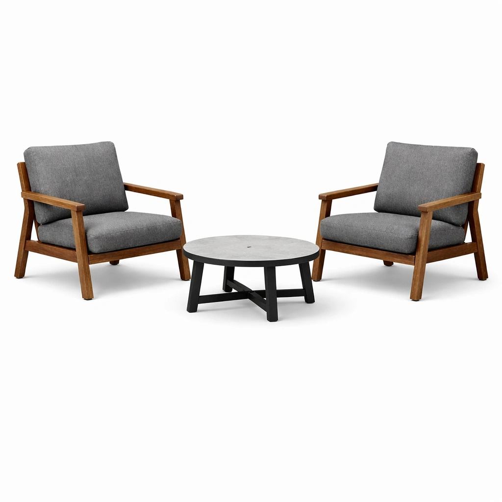 Conjunto de jardín de Sillones de Madera con Cojines de Poliéster y Mesa de Centro de Hormigón-HOMNIVO