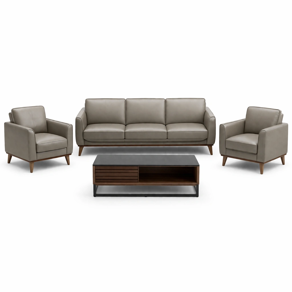 Conjunto de sofá de Cuero PU Gris y Mesa de Centro de Madera y Metal-HOMNIVO