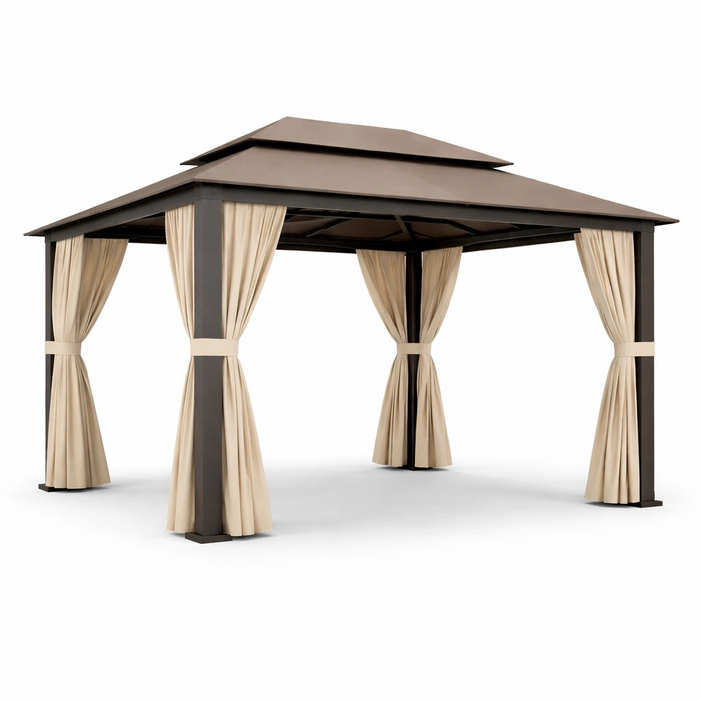 Gazebo de Aluminio con Cortinas de Tela Beige-HOMNIVO