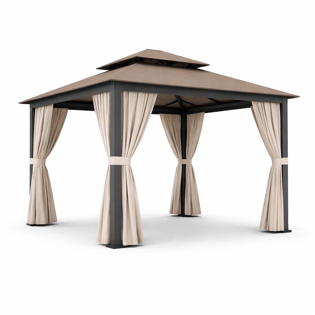 Gazebo de Metal para Exteriores con Cortinas Beige 300x300x270 cm-HOMNIVO