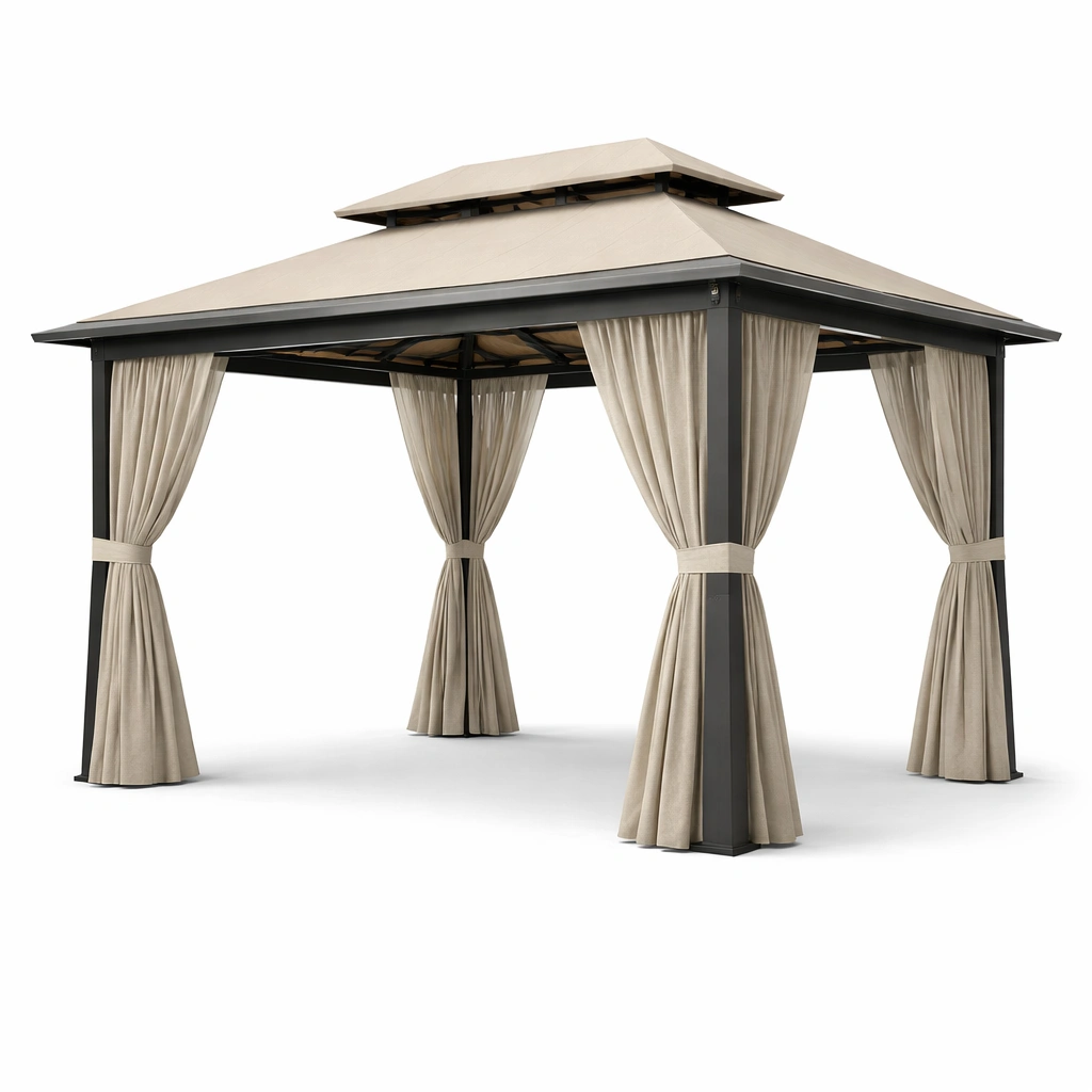 Gazebo con Estructura de Acero y Cortinas de Tela Beige-HOMNIVO